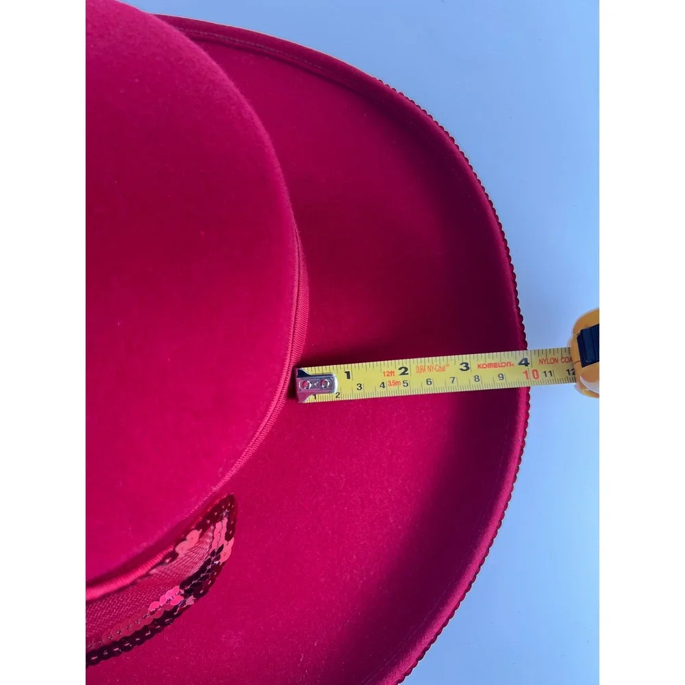 Vintage Deborah Fashions Red 100% Wool Church Formal Derby Wide Brim Hat USA